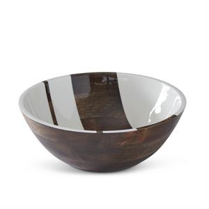 17509A-2 12 Inch Round Mango Wood Striped Enamel Bowl