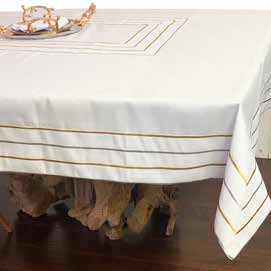 4LN 72X160 SPILL PROOF MODERN EMBROIDERED METALIC LINES TABLECLOTH