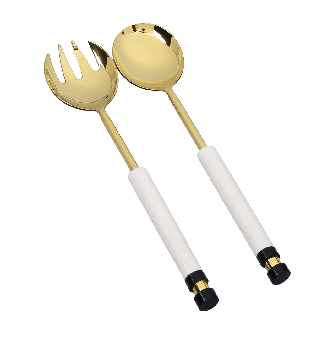 SS1028 Set of 2 Gold Salad Servers with White Stone Handle Insert