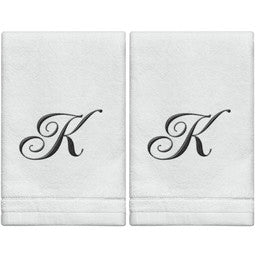 White Monogrammed Towel - Black Embroidered - Initial K