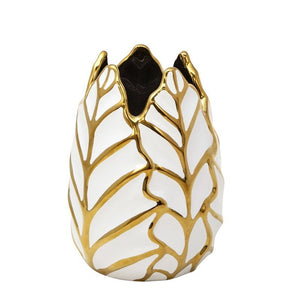 13036-03 CERAMIC 7.75" LEAF VASE, WHITE/GOLD