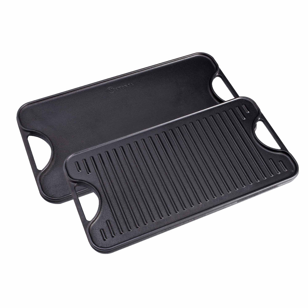 VICTORIA Rectangular Cast Iron Reversible Seasoned Griddle 18.5â€ x 10â€