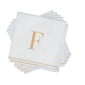 16 PK White and Gold Cocktail Paper Napkins  - Letter F