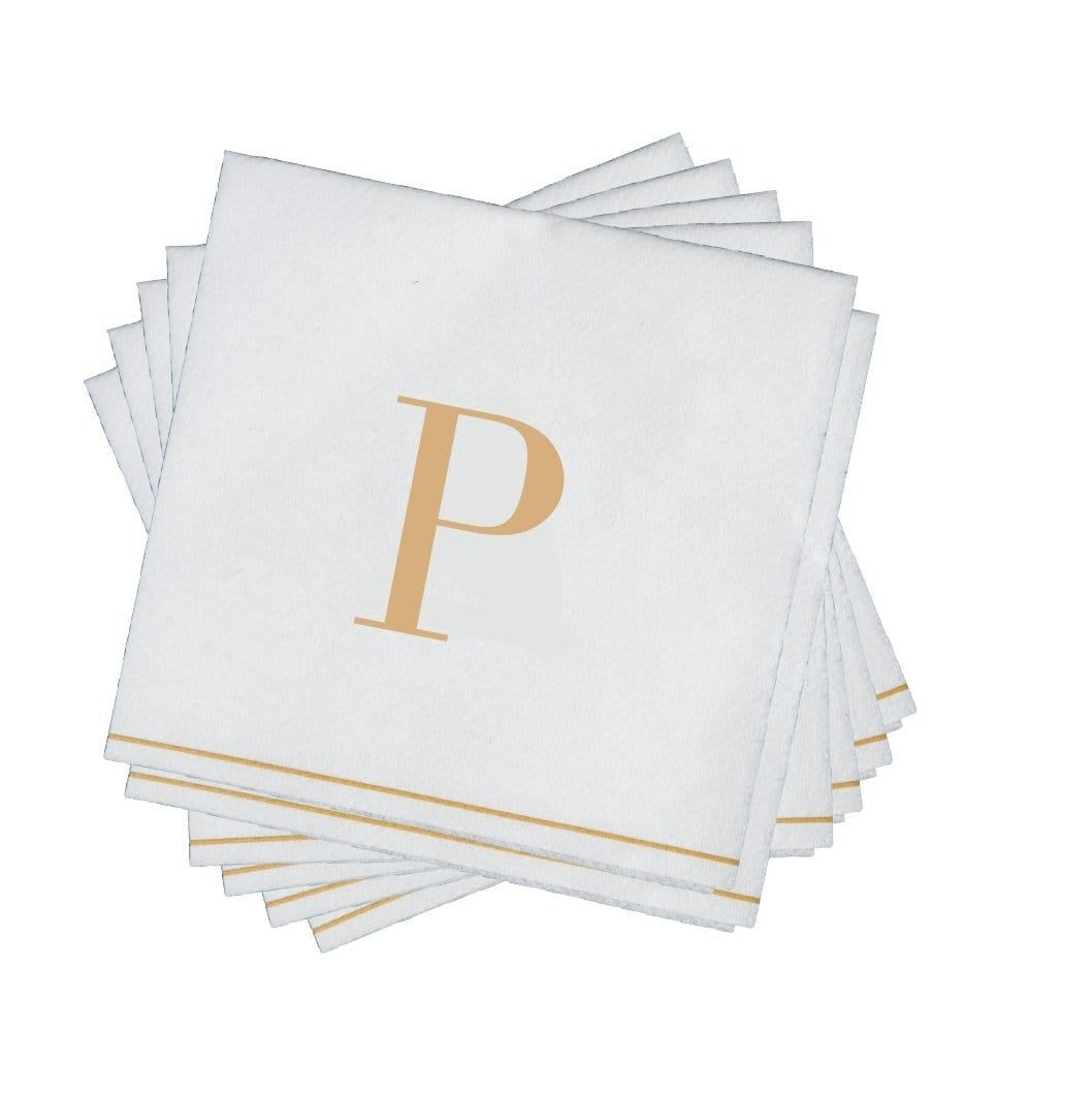 16 PK White and Gold Cocktail Paper Napkins  - Letter P