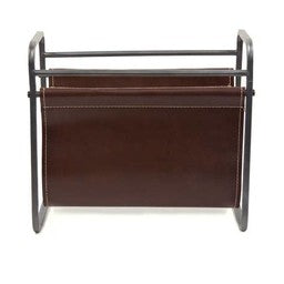 345528 Free Standing Metal Frame Brown Leather Magazine Holder