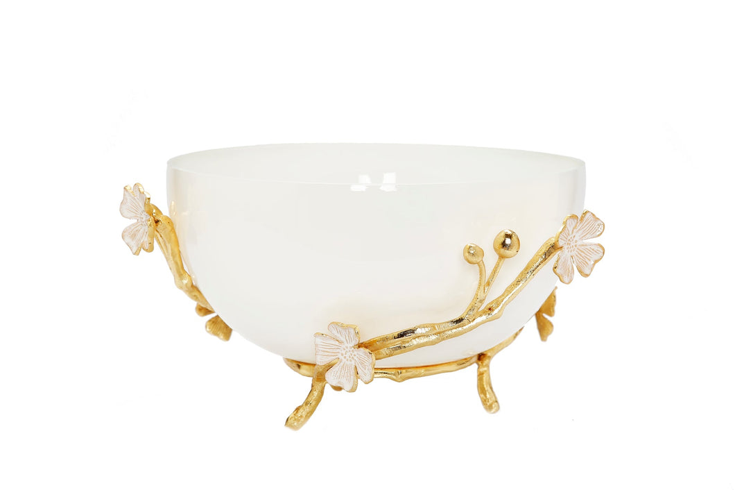 CRB2925White Glass Bowl with Gold Flower Detail