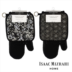 2pc Printed Cotton Twill/Rubber Oven Mitt & Pot Holder Set w/  Silver Ring - BLACK AST