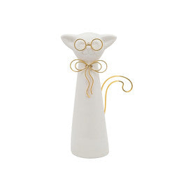 15832-02 8"H CAT W/GLASSES DECO, WHITE