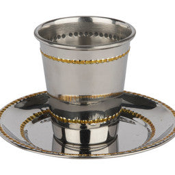 57154 Stainless Steel Kiddush Cup Set Shinny Gold Beaded 3"