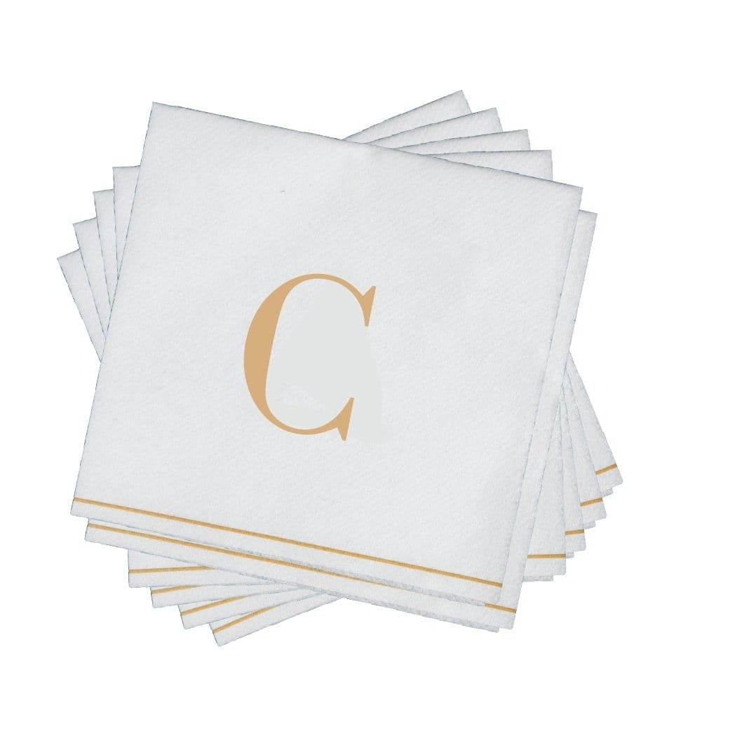 16 PK White and Gold Cocktail Paper Napkins  - Letter C