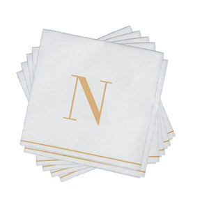 16 PK White and Gold Cocktail Paper Napkins  - Letter N