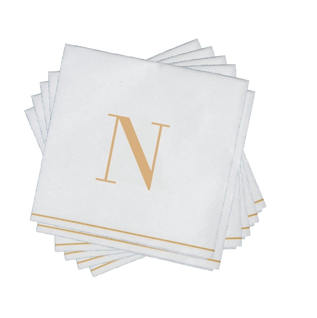 16 PK White and Gold Cocktail Paper Napkins  - Letter N