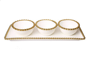 WPR520 Porcelain White relish dish with 3 round bowls with Gold Beaded Design-m 14.5"L x 6"W x 3"H