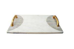 MCT381 White Marble Challah tray with Gold Handles- 16"L x 11"W
