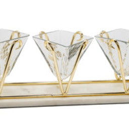 MRD3658 3 Sectional Glass Relish Dish with Gold Brass and Marble Base