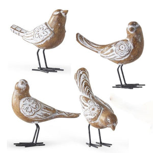 4.5 Inch Assorted Whitewashed Resin Carved Birds w/Metal Legs