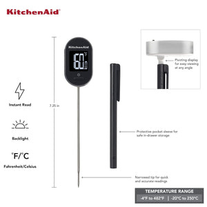 KitchenAid KQ904 Digital Instant Read Kitchen and Food Thermometer, TEMPERATURE RANGE: -40F to 482F, Black