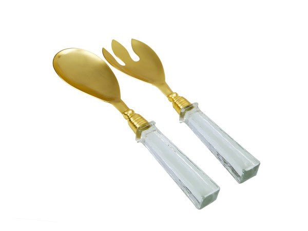 SS461 Set of 2 Stainless Salad Servers with Square Glass Handle
