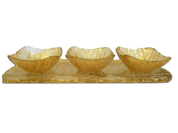 CR547 Beveled 3 Bowl Relish Dish-Gold-Tray 18.5