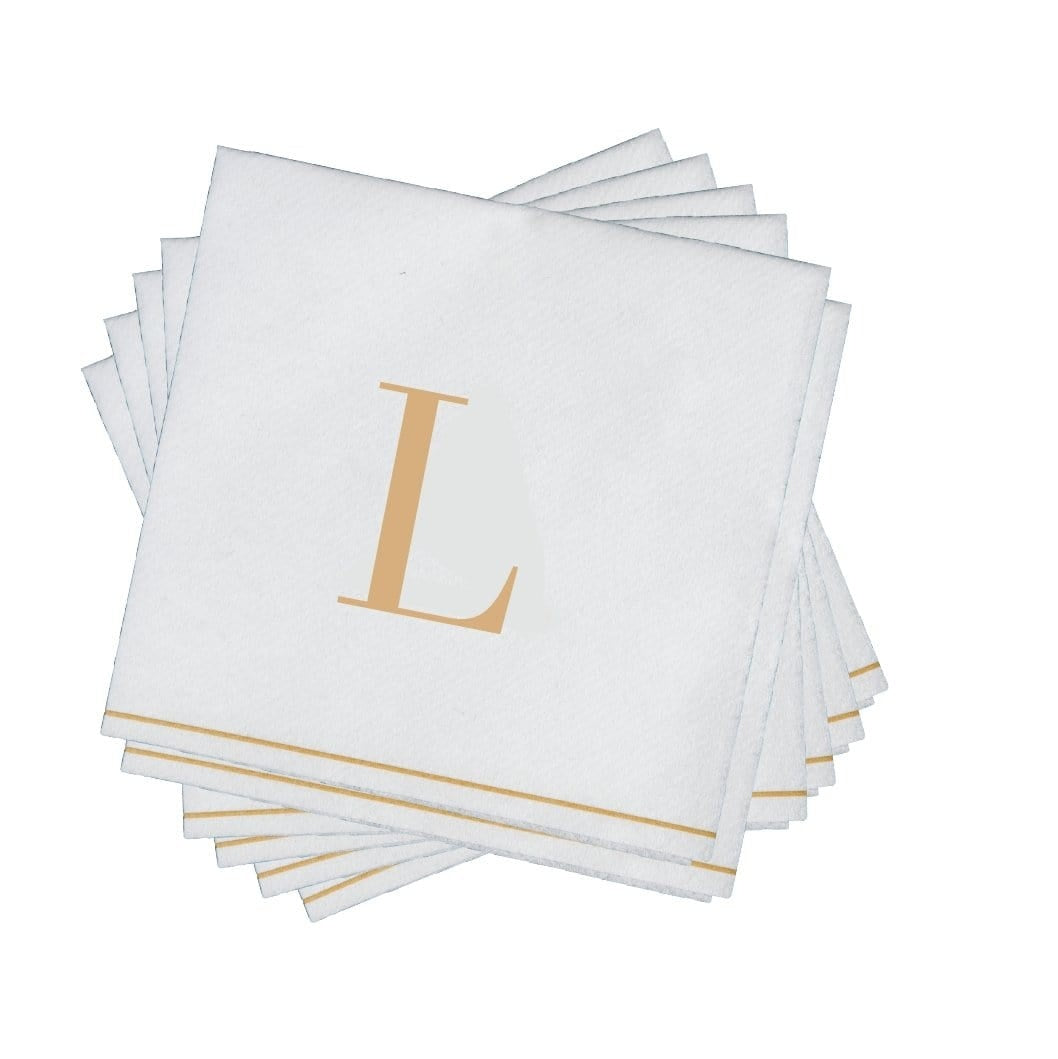 16 PK White and Gold Cocktail Paper Napkins  - Letter L