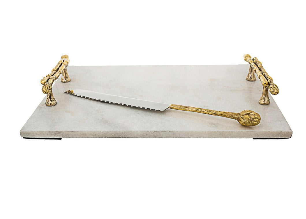 White Marble Challah Tray with Asparagus Handles