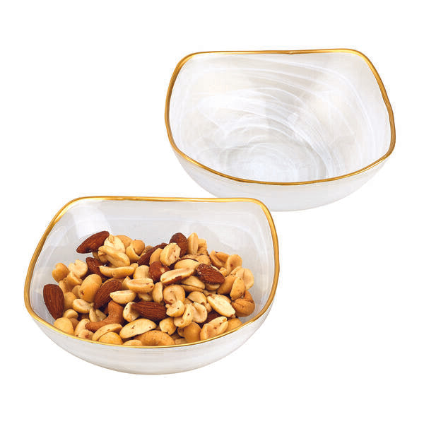 KM734 White Alabaster 5″ Squarish Glass Fruit or Salad Bowl With Gold Rim