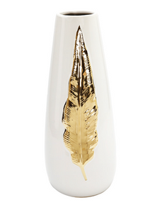 LWV3551 "MED White Ceramic Tall Vase Gold Leaf Design"