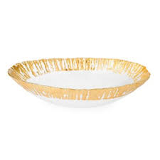 CBD625 Bowl w Gold-Scalloped-Oval Shape 11"L x 7.5"W x 2.5"H