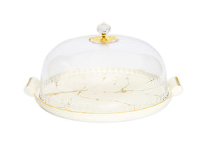 WPC2091 White Porcelain Cake Dome with Gold Design  11"D x 4.25"H (6" W/Design)