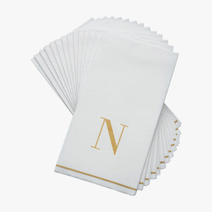 14 PK White and Gold Guest Paper Napkins  - Letter N