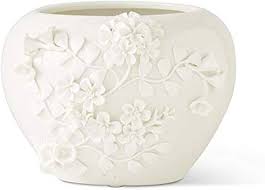 16334A 6.75 Inch White Ceramic Pot w/Raised Jasmine Flowers