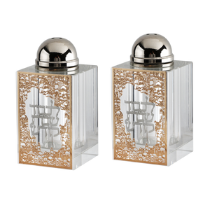 128111 Crystal Salt & Pepper Set Gold Jerusalem with Silver Shabbat Kodesh 3"HX1.5"